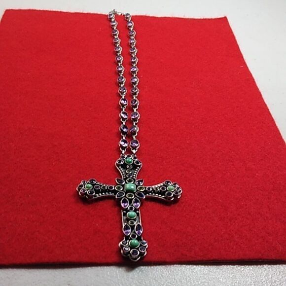 Vintage Faceted Amethyst Garnet Peridot Sterling Silver Cross/Chain & Turquoise - Picture 7 of 12